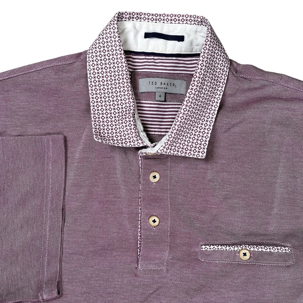 Ted Baker London Polo Shirt Men's 4 (US L) Purple Slim Fit Contrast Print Collar